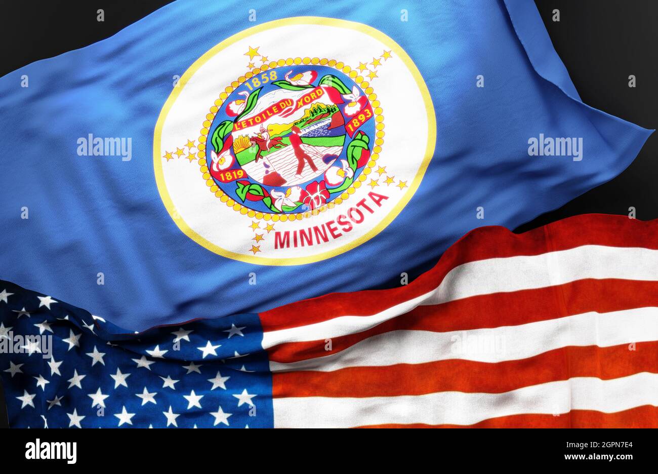 Flag of Minnesota along with a flag of the United States of America as a symbol of unity between them, 3d illustration Stock Photo