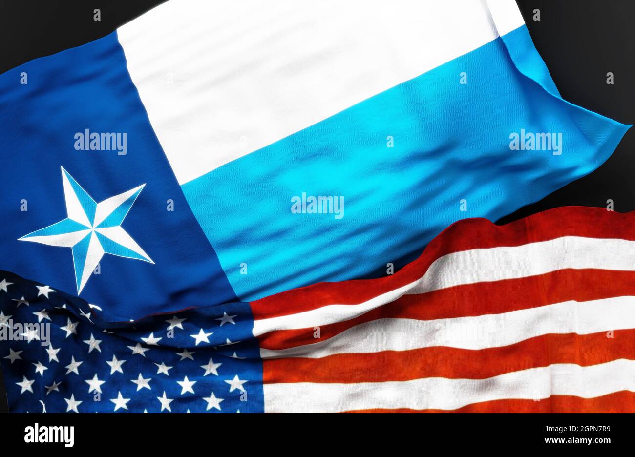 Flag of Dallas County Texas along with a flag of the United States of America as a symbol of unity between them, 3d illustration Stock Photo