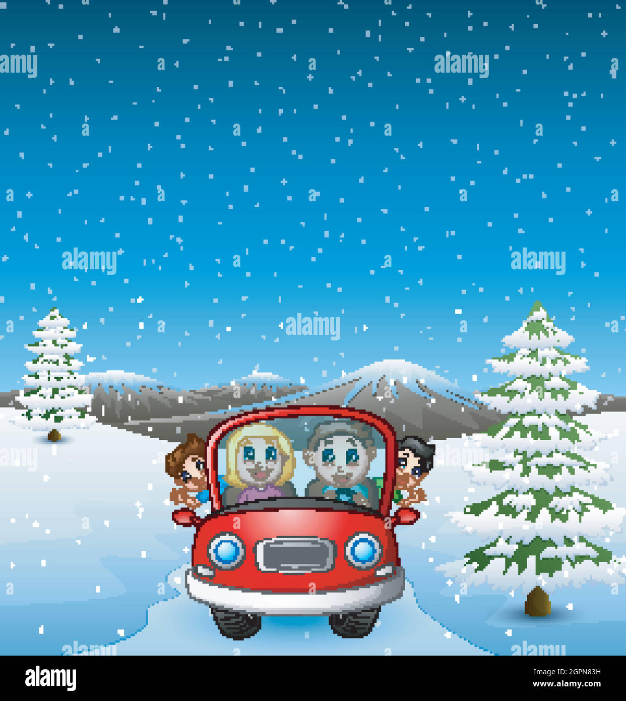 Happy family riding car in the snowing hill Stock Vector