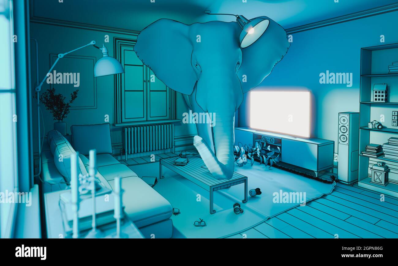 elephant inside a house. concept of hidden problems. 3d render Stock