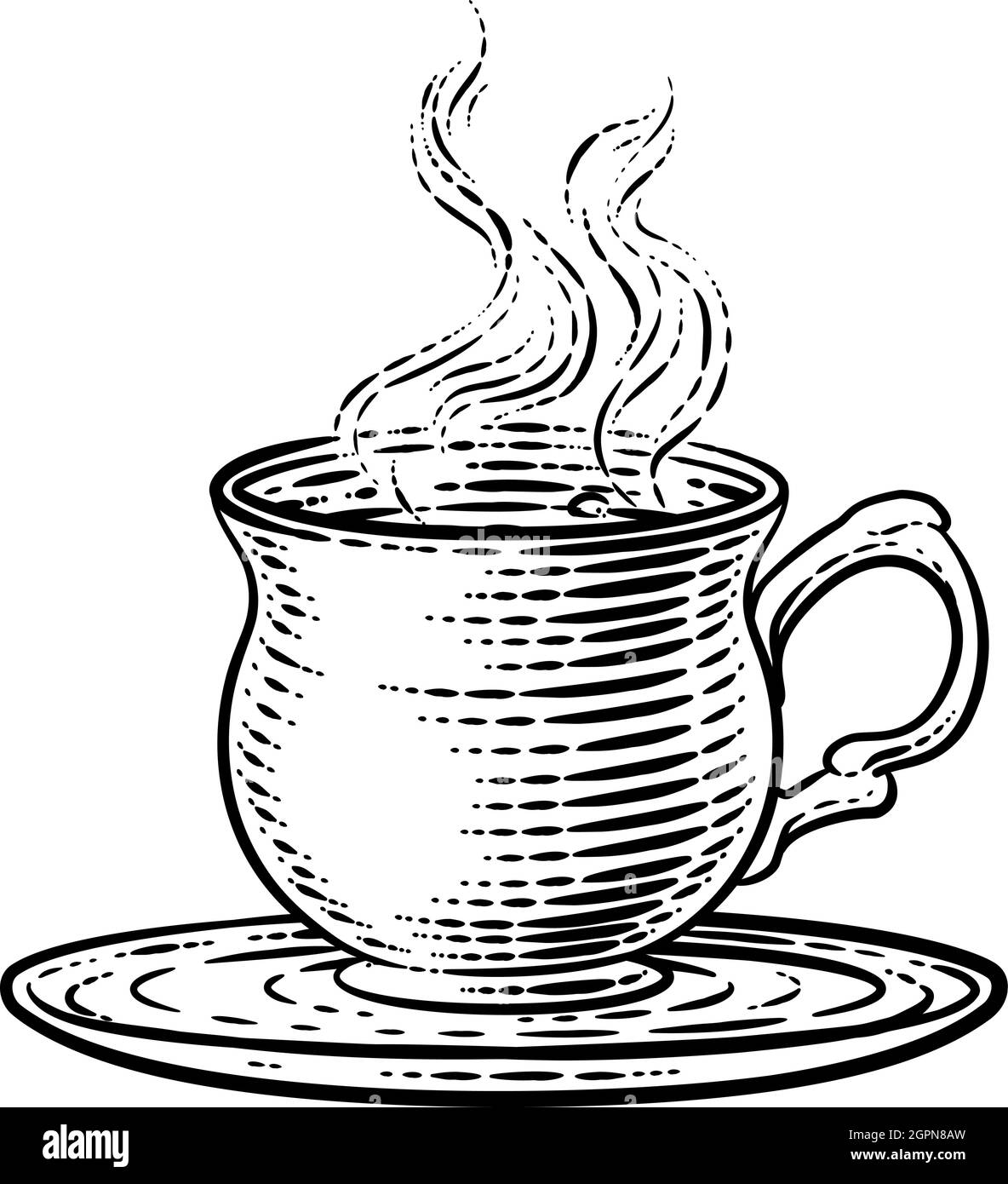 Coffee Tea Cup Hot Drink Mug Retro Woodcut Etching Stock Vector