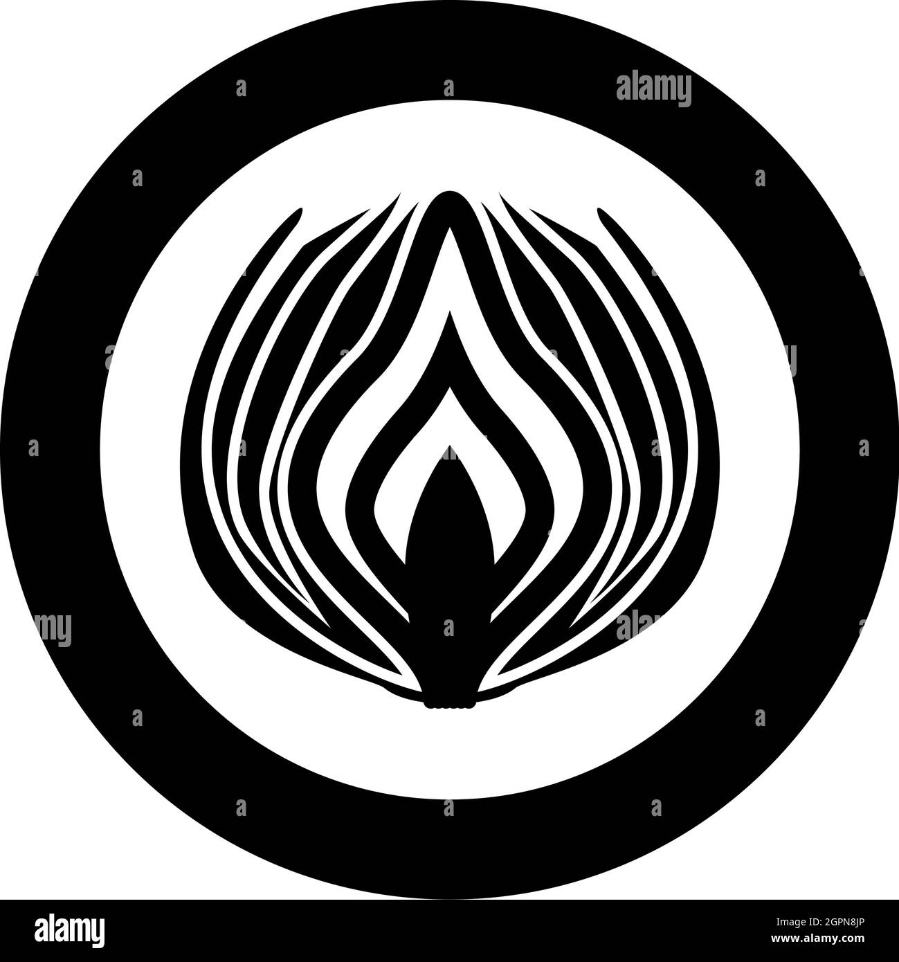 Onion cut in half part Bulbs chopped sliced vegetable silhouette in circle round black color vector illustration solid outline style image Stock Vector