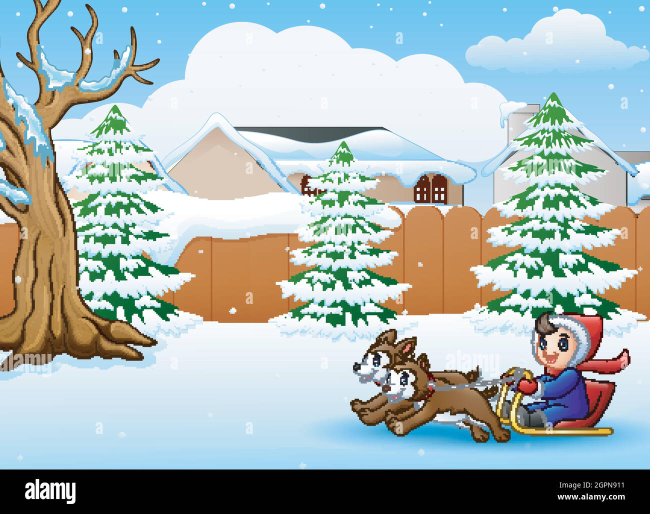 Cartoon boy riding sled on the snowing village pulled by two dogs Stock Vector