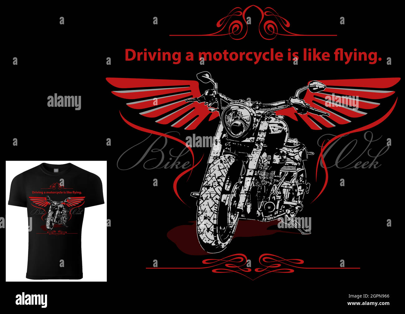 T-shirt for Bikers with Motorcycle and Decorative Wings Stock Vector