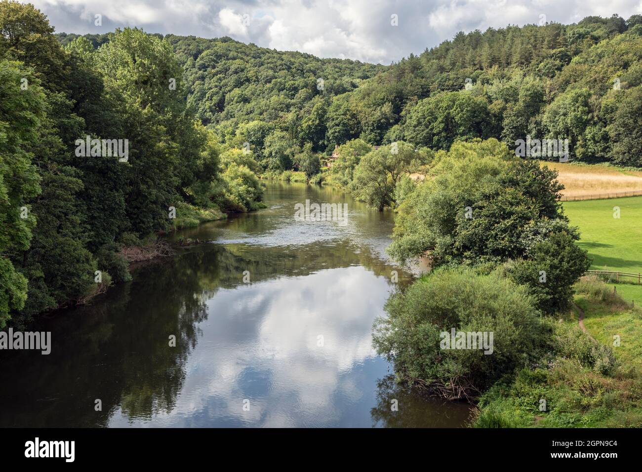 The River Severn seen from a train crossing the Victoria bridge on the Severn Valley Railway, Arley, Worcestershire Stock Photo