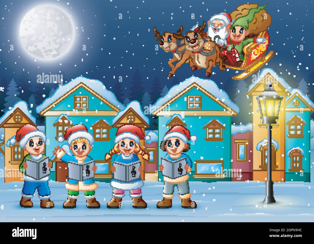 Children singing christmas carols with santa claus and elf riding his sleigh Stock Vector