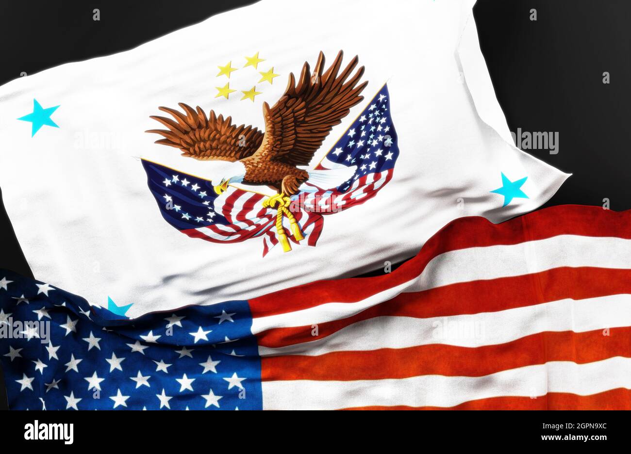 Flag of a United States Assistant Secretary of Veterans Affairs along with a flag of the United States of America as a symbol of unity between them, 3 Stock Photo