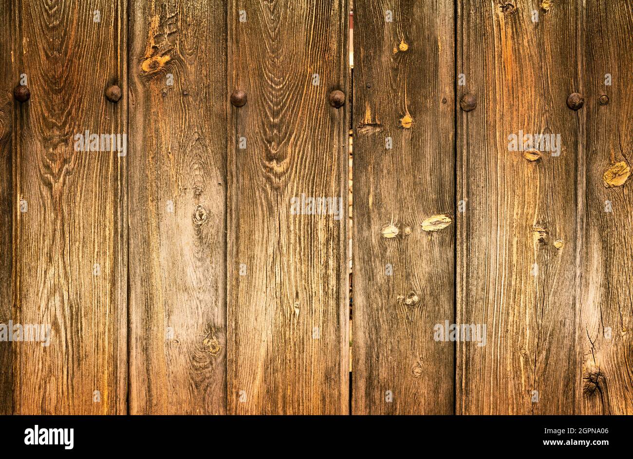 Detail of old wooden door in brown tones with a lot of texture and rusty iron nails, with copy space at the bottom. Stock Photo