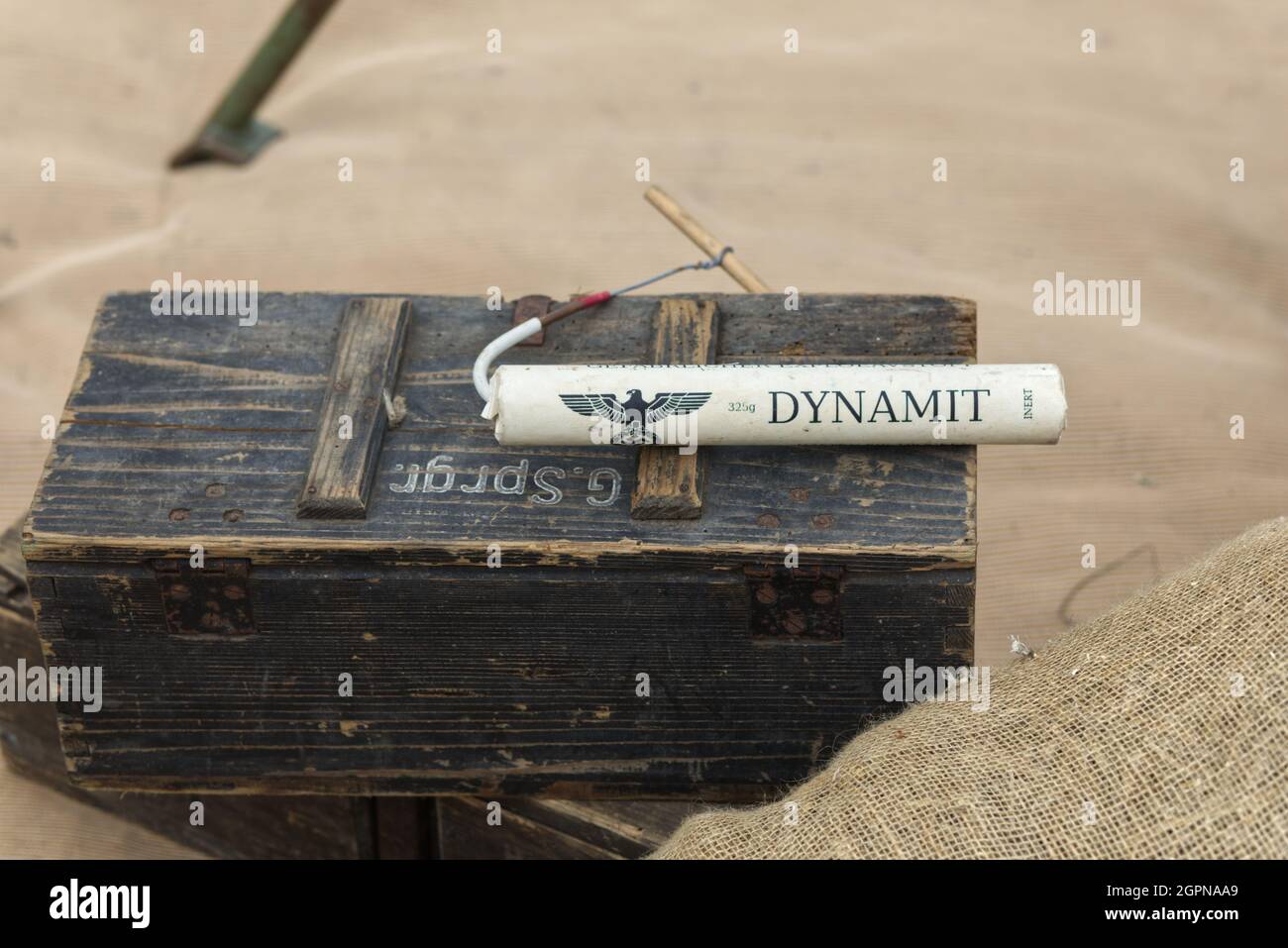 325g stick of dynamite with eagle clutching a swastika on a wooden box German Stock Photo
