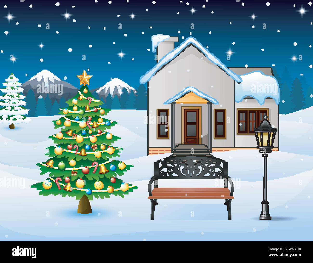 Winter night background with christmas trees, street lamp and bench in front snowy house Stock Vector