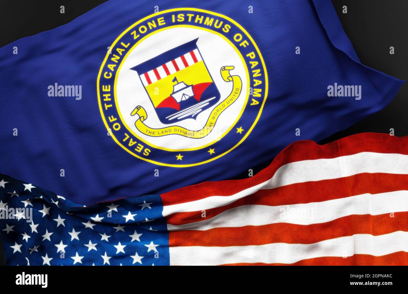 Flag of Panama Canal Zone along with a flag of the United States of America as a symbol of unity between them, 3d illustration Stock Photo