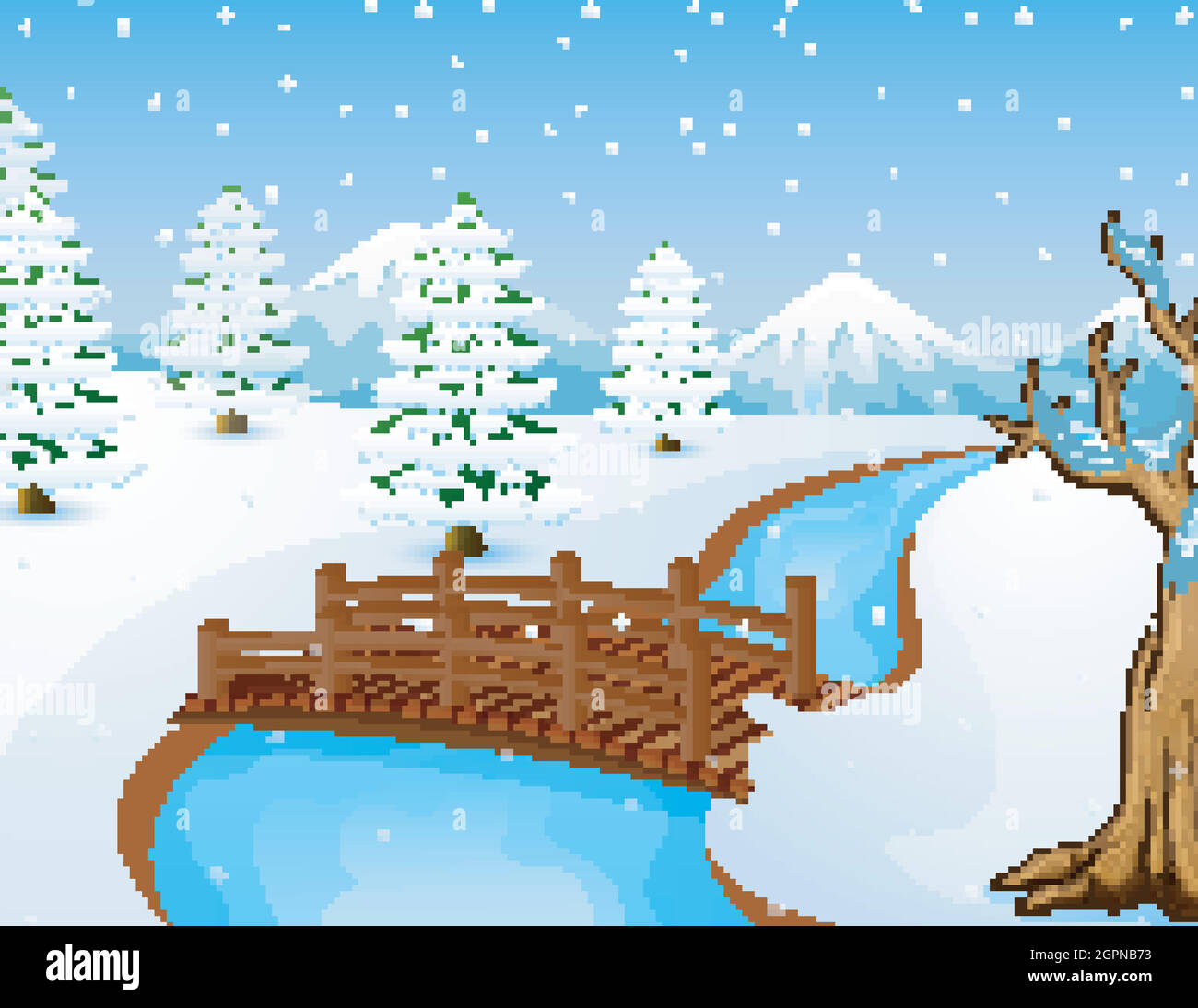 Cartoon winter landscape with mountains and small wooden bridge over river  Stock Vector Image & Art - Alamy