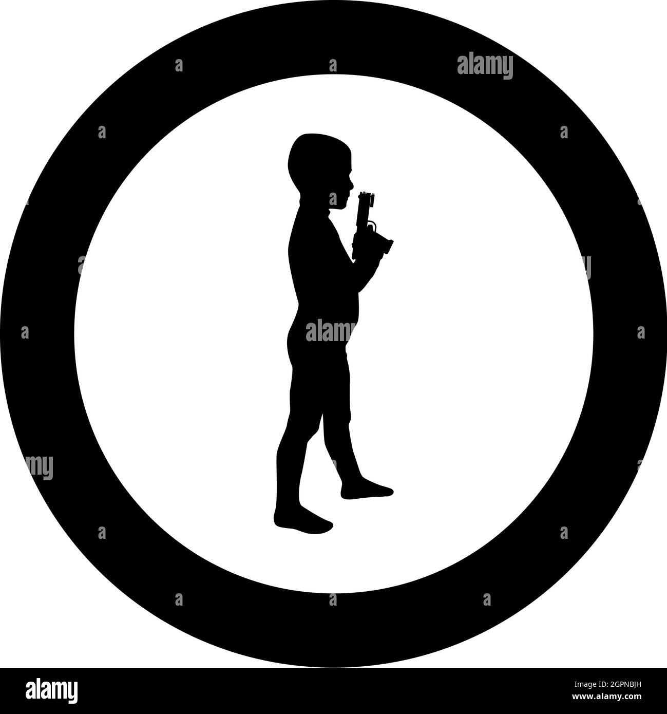 Boy holds toy gun Child playing with pistol game Childhood Shooting weapon concept Preschool Cute little male playing criminal silhouette in circle round black color vector illustration solid outline style image Stock Vector