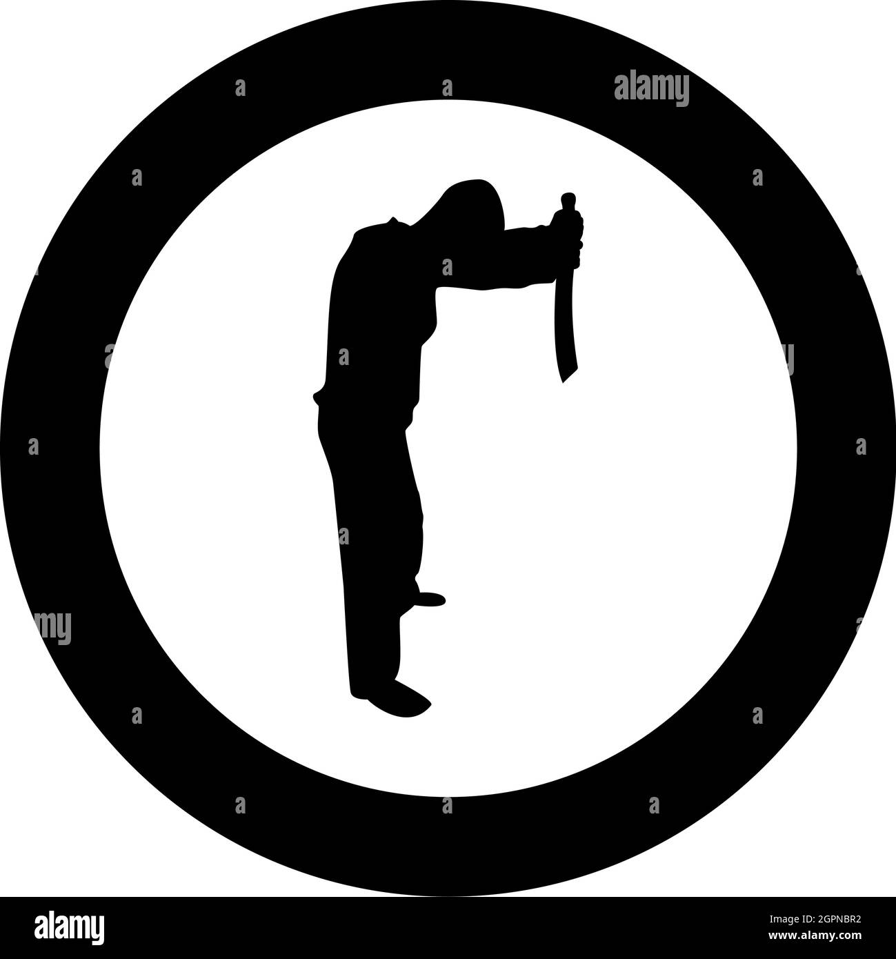 Man with sword machete from above Cold weapons in hand military man Soldier Serviceman in positions Hunter with knife Fight poses Strong defender Warrior concept Weaponry Stand silhouette in circle round black color vector illustration solid outline style Stock Vector