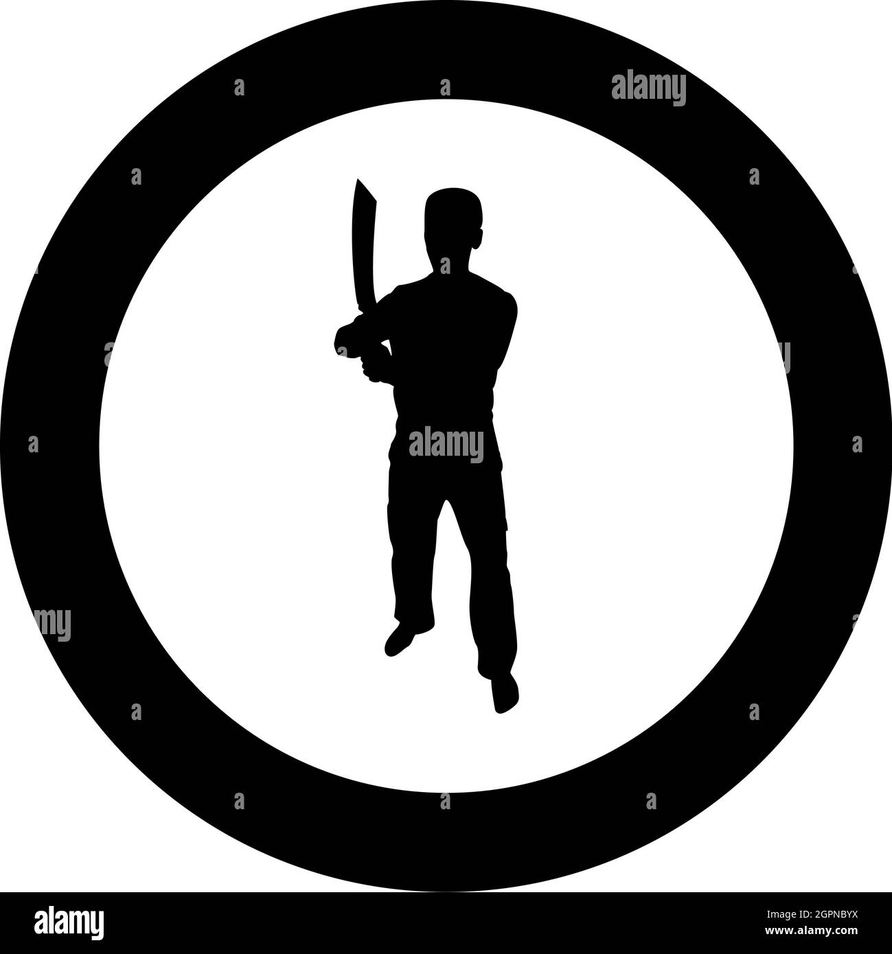 Man with sword machete Cold weapons in hand military man Soldier Serviceman in positions Hunter with knife Fight poses Strong defender Warrior concept Weaponry Stand silhouette in circle round black color vector illustration solid outline style image Stock Vector