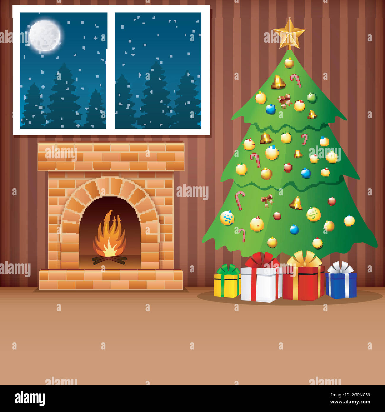 Christmas living room with xmas tree, presents, and fireplace Stock Vector  Image & Art - Alamy