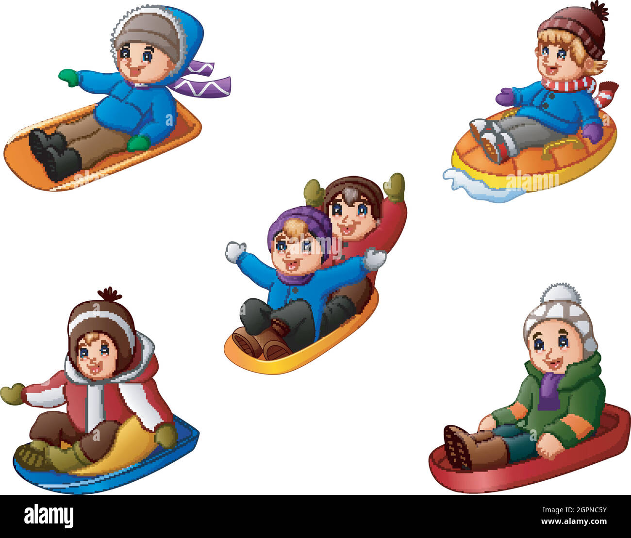 Set of cute children sledding illustration Stock Vector