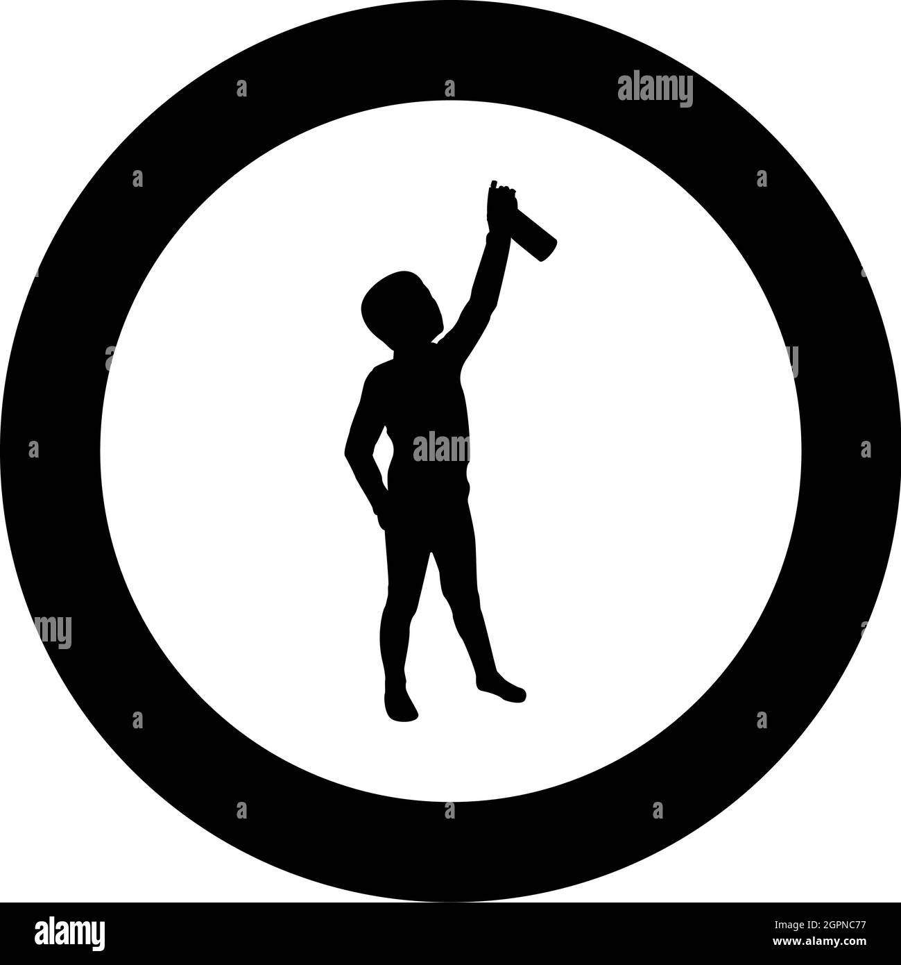 Boy using water sprayed in up Small kid watering garden using hand sprinkler Holding arm special comb silhouette in circle round black color vector illustration solid outline style image Stock Vector