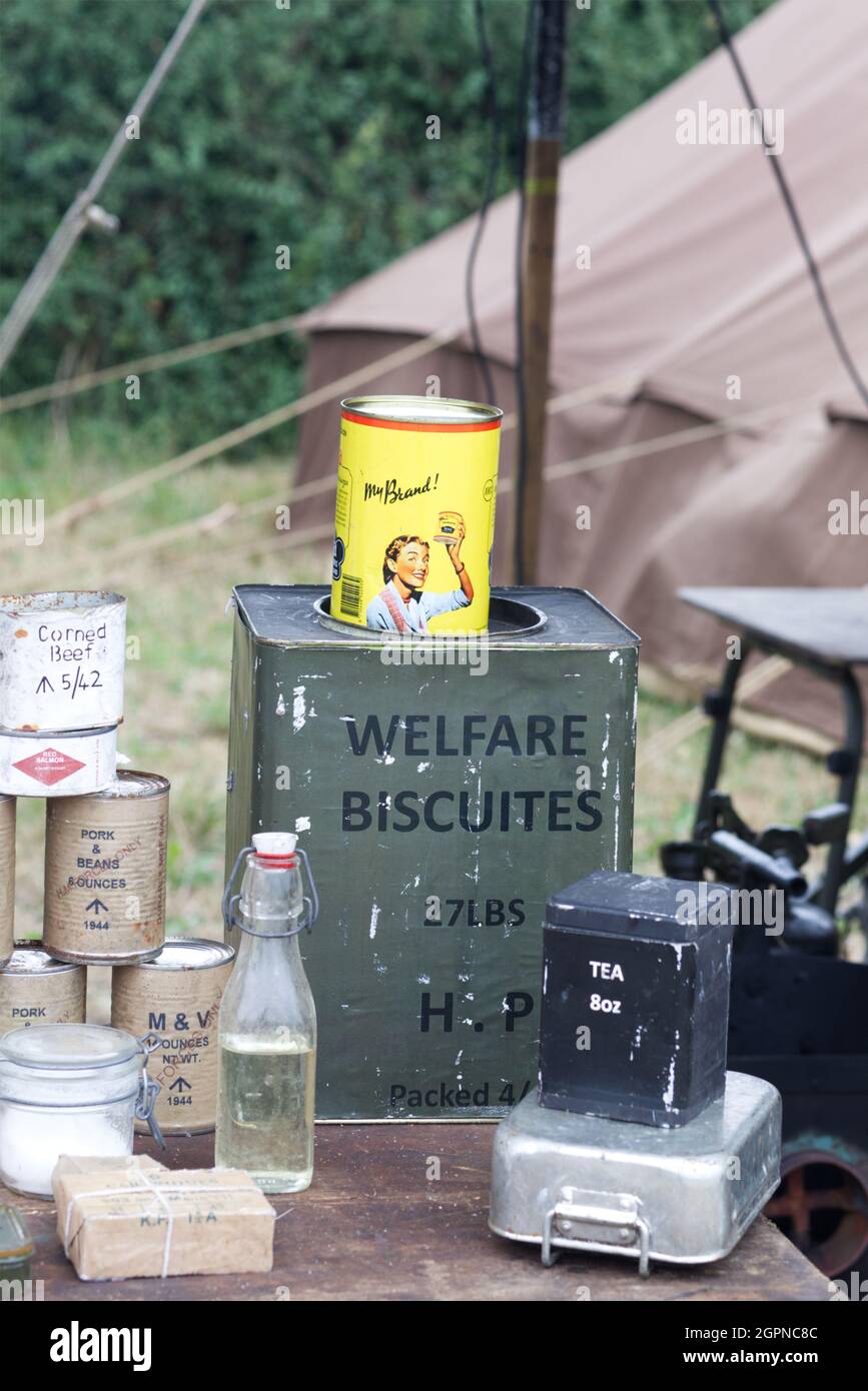 welfare biscuits and 8oz tea on display in the 1940s Stock Photo