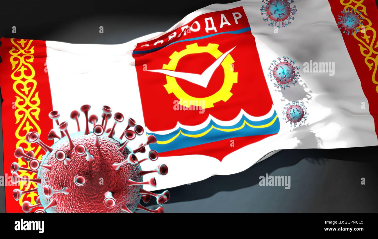 Covid in Pavlodar - coronavirus attacking a city flag of Pavlodar as a symbol of a fight and struggle with the virus pandemic in this city, 3d illustr Stock Photo