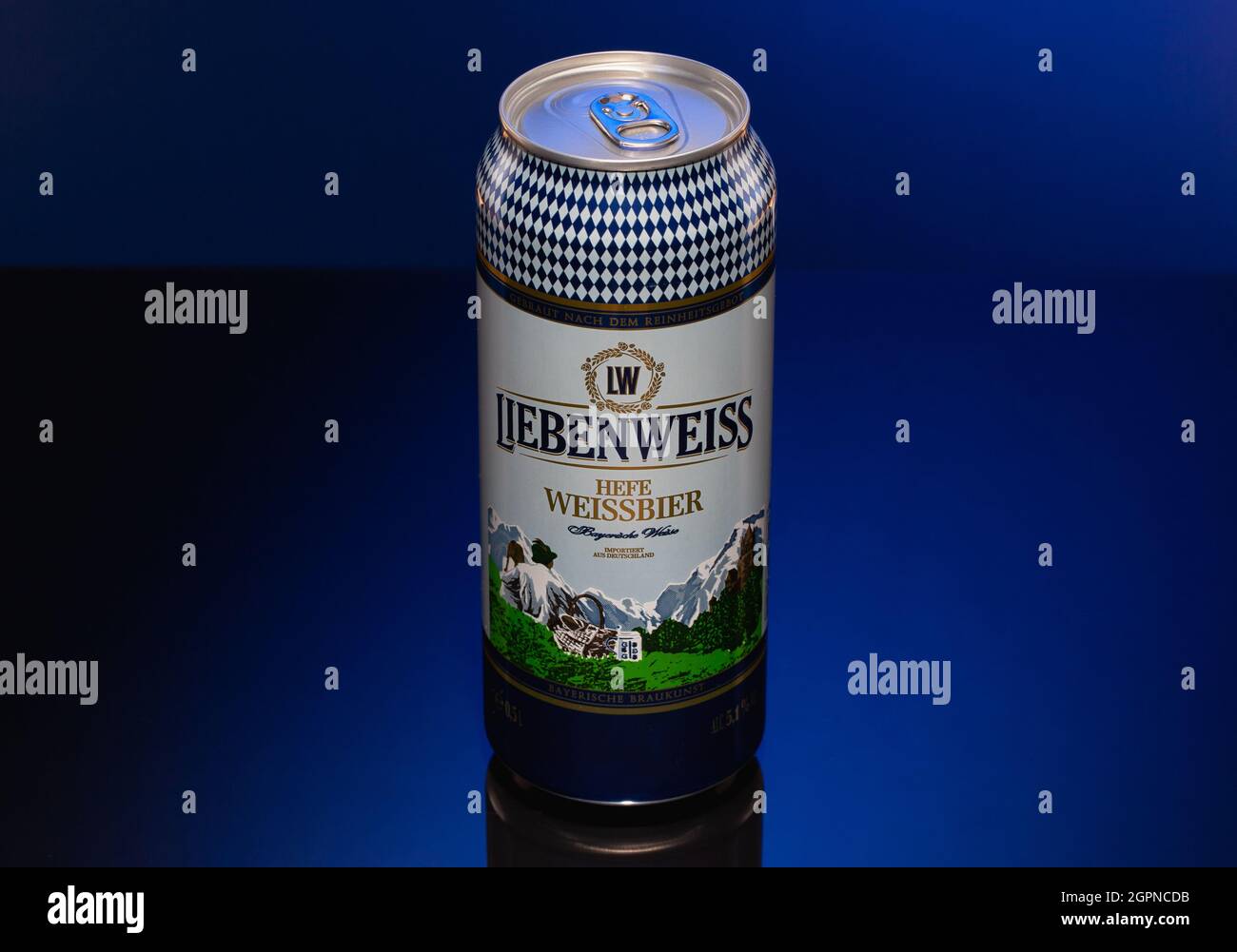 Prague,Czech Republic - 25 May, 2021: The can of Liebenweiss beer. Beer ...