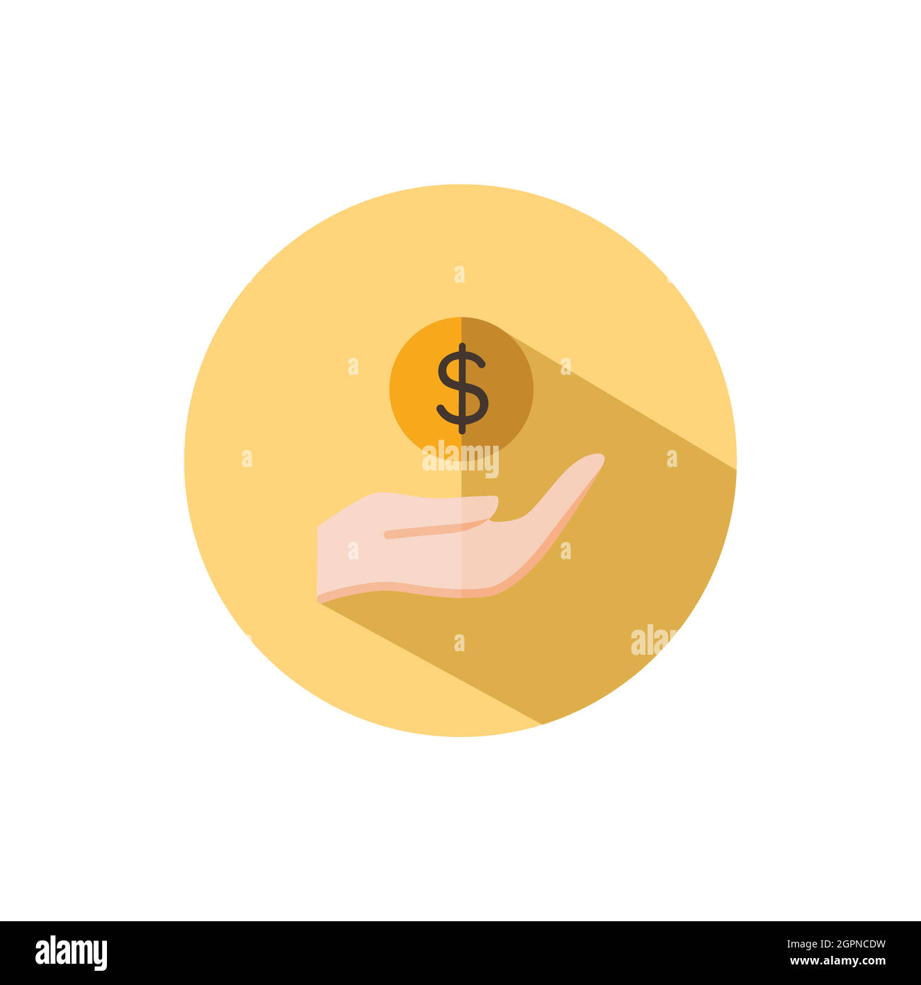 Hold hand dollar coin. cash money concept. Flat icon in a circle ...