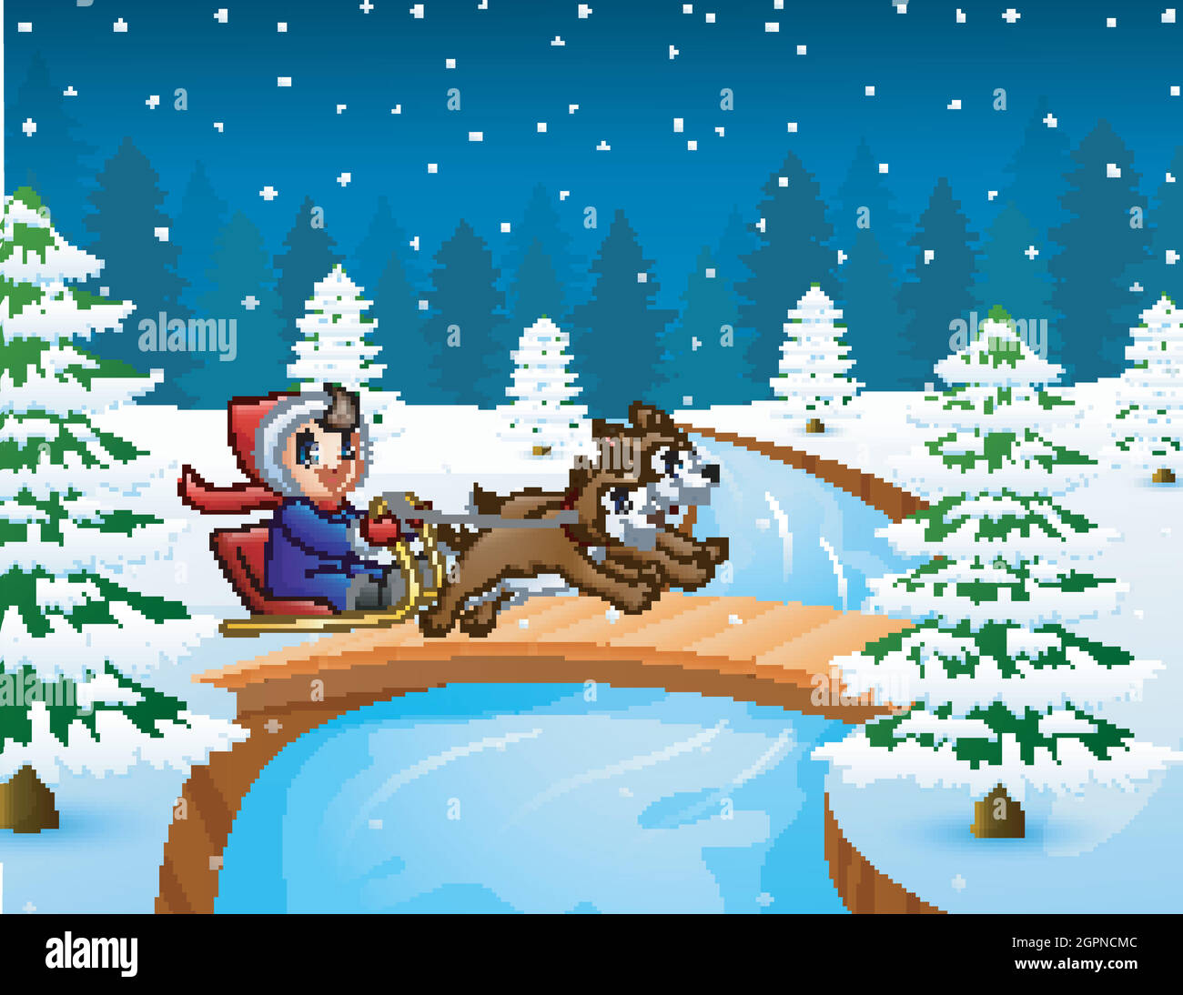 Cartoon boy riding sled on the bridge in the snowing hill Stock Vector