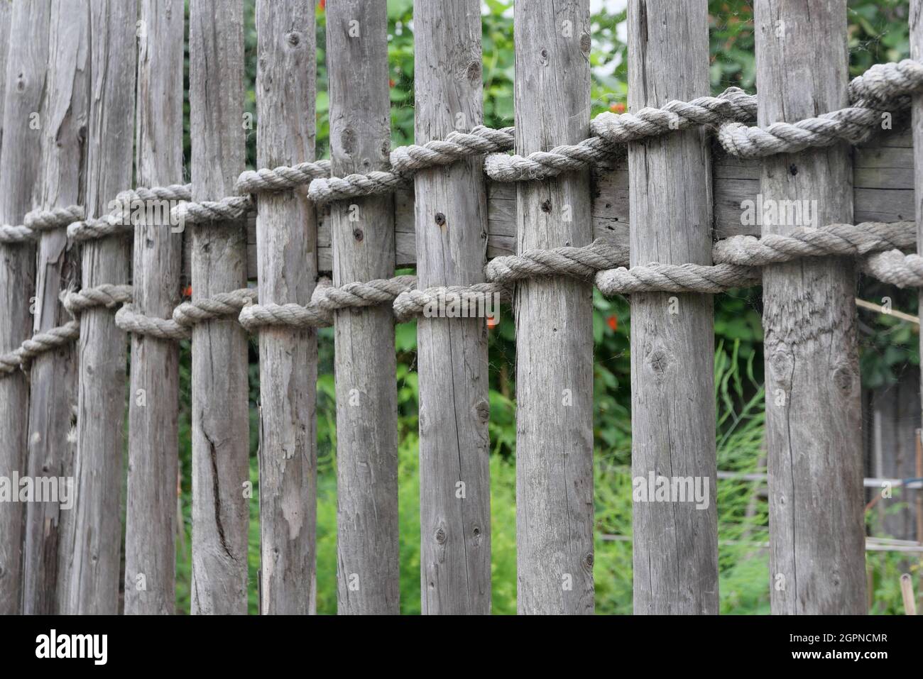 Old weathered rustic wooden fence secured with thick heavy rope Stock Photo
