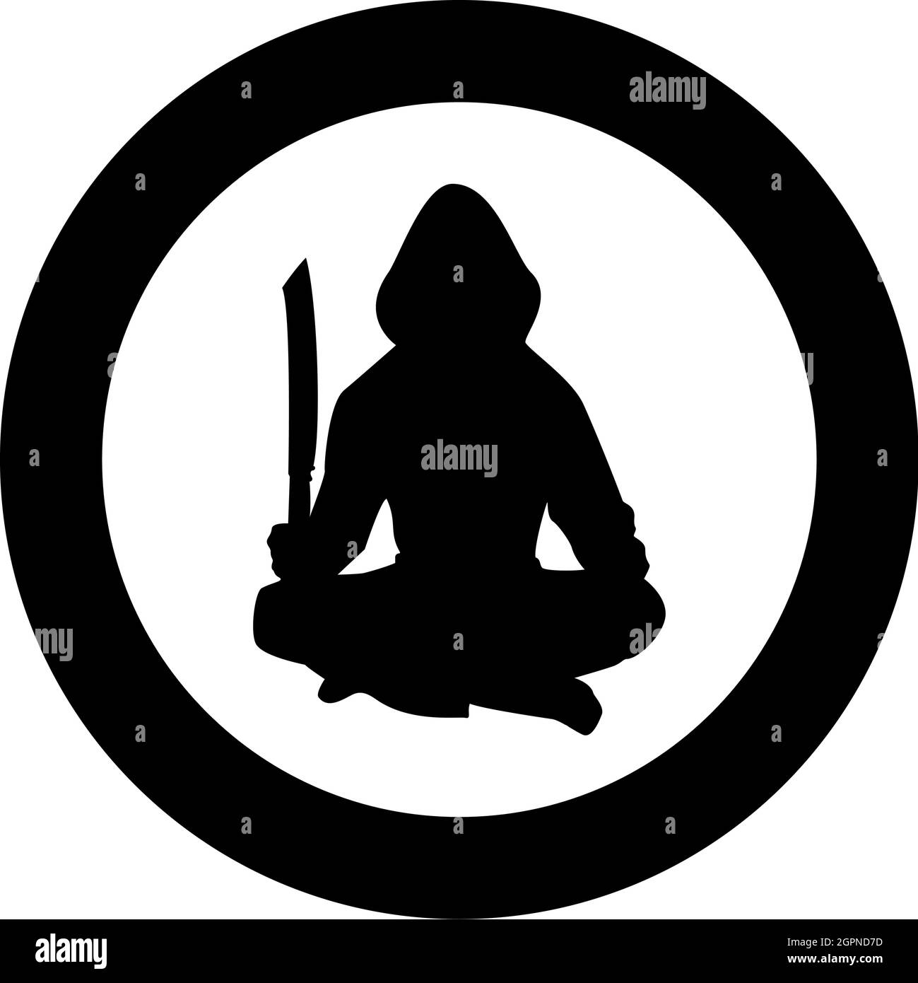 Man with sword machete Cold weapons in hand military man Soldier Serviceman in positions Hunter with knife Fight poses Strong defender Warrior concept Weaponry Lotus Pose silhouette in circle round black color vector illustration solid outline style image Stock Vector