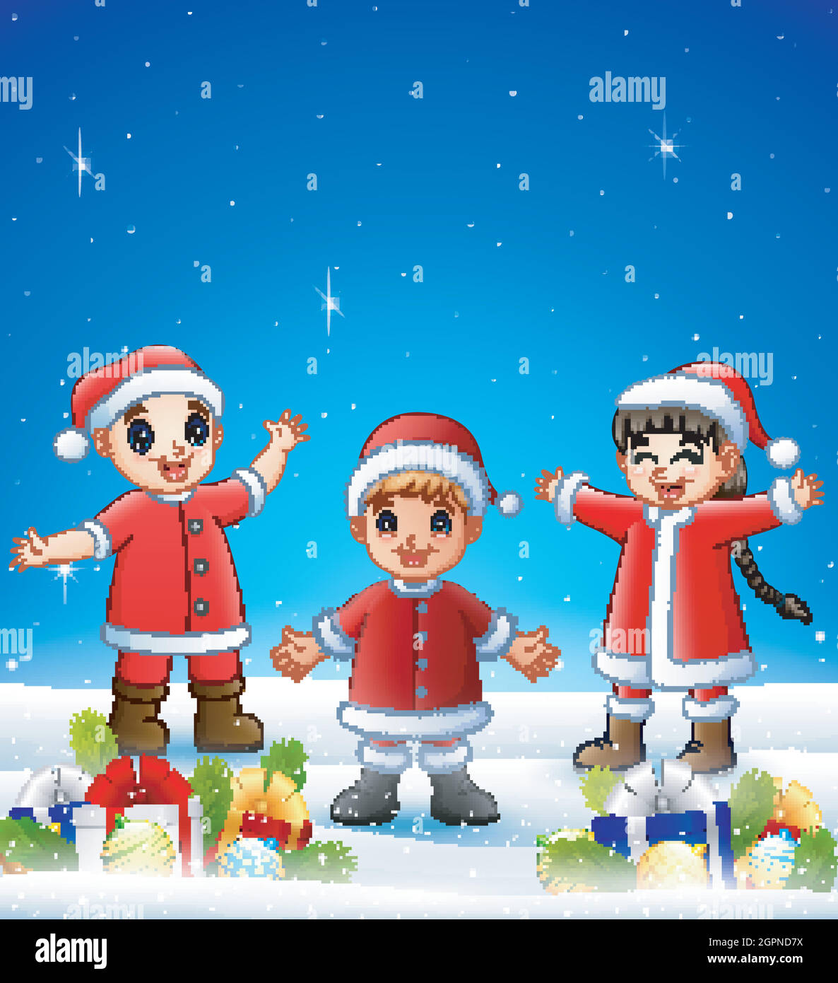 Cartoon kids wearing santa costume in the winter background with balls Stock Vector