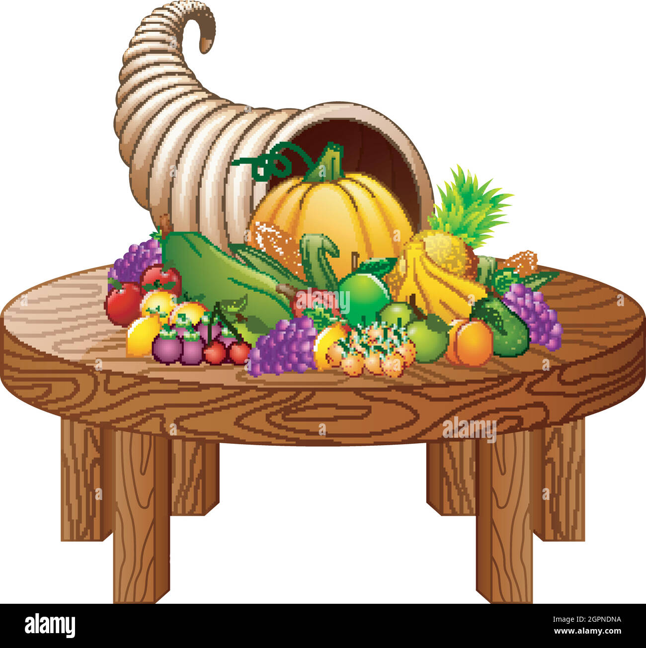 Horn of plenty with vegetables and fruits on round wooden table Stock Vector