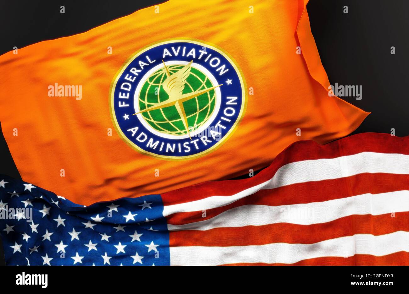 Flag of the United States Federal Aviation Administration along with a flag of the United States of America as a symbol of a connection between them, Stock Photo