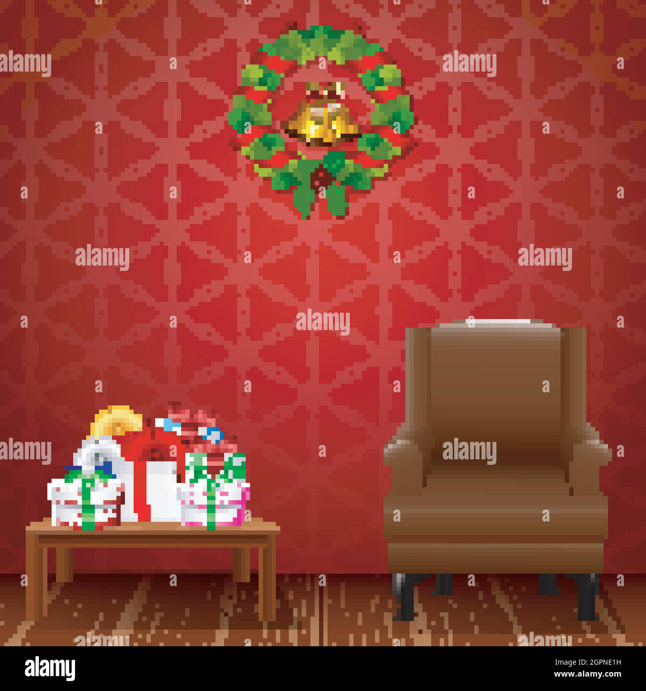 Christmas living room with armchair and presents on the table Stock