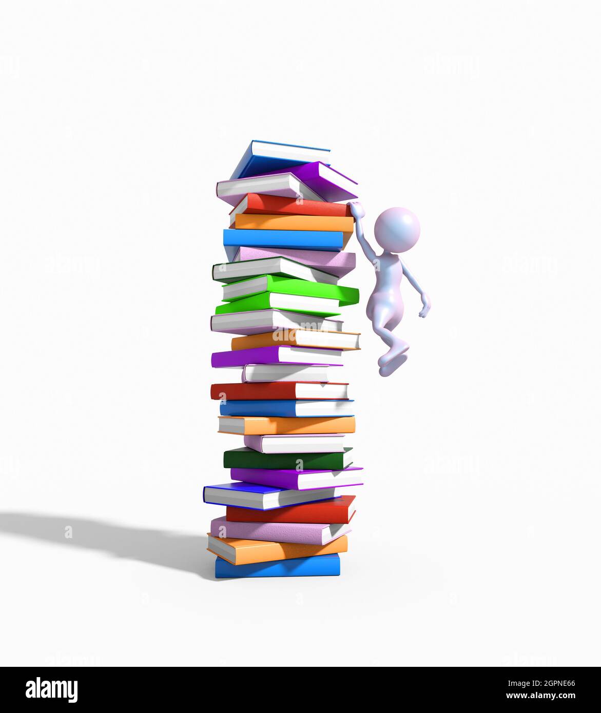 3d character and a big stack of books. The concept of education. This is a 3d render illustration Stock Photo