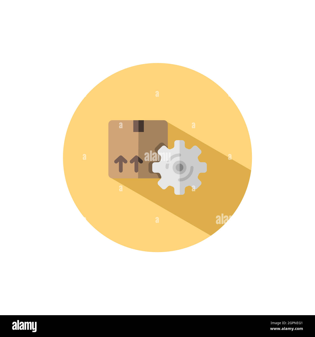 Package and gear. Shipping box. Current order. Flat icon in a circle. Commerce vector illustration Stock Vector