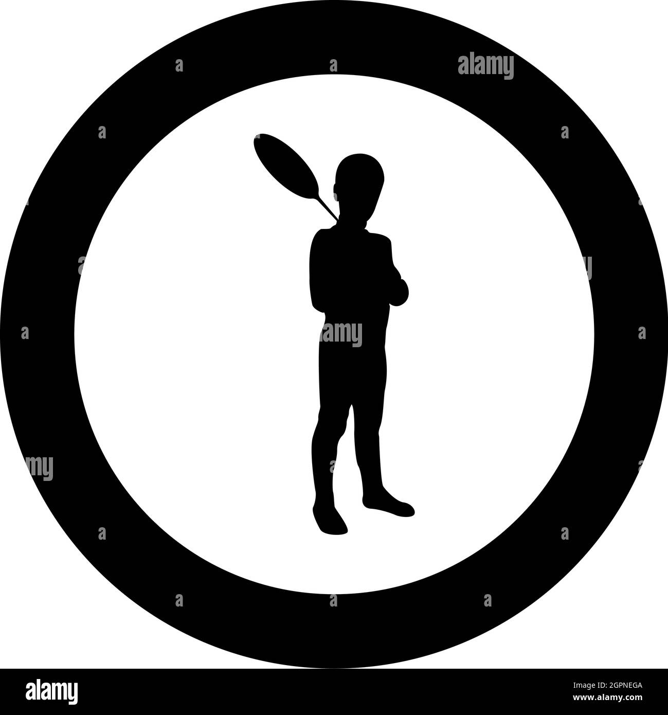 Boy holds badminton racket Cute young child holding standing toy shuttlecock Happy concept Teenage action Summer sport activity Camp concept Kid will play Having fun silhouette in circle round black color vector illustration solid outline style image Stock Vector