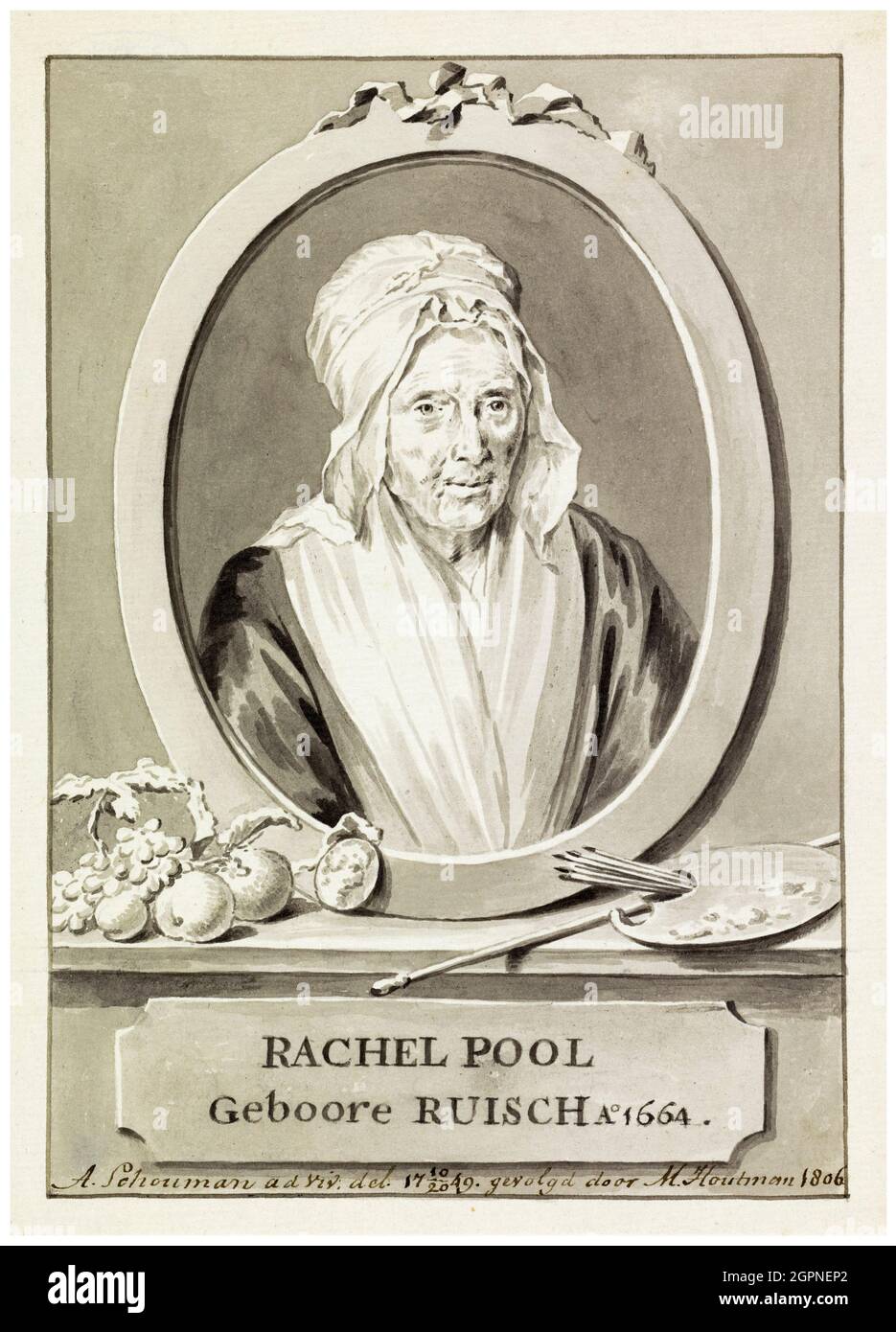 Rachel Pool-Ruysch (Rachel Ruysch) (1664-1750), Dutch Still Life painter, portrait drawing by Marten Houtman, Aert Schouman, 1806 Stock Photo