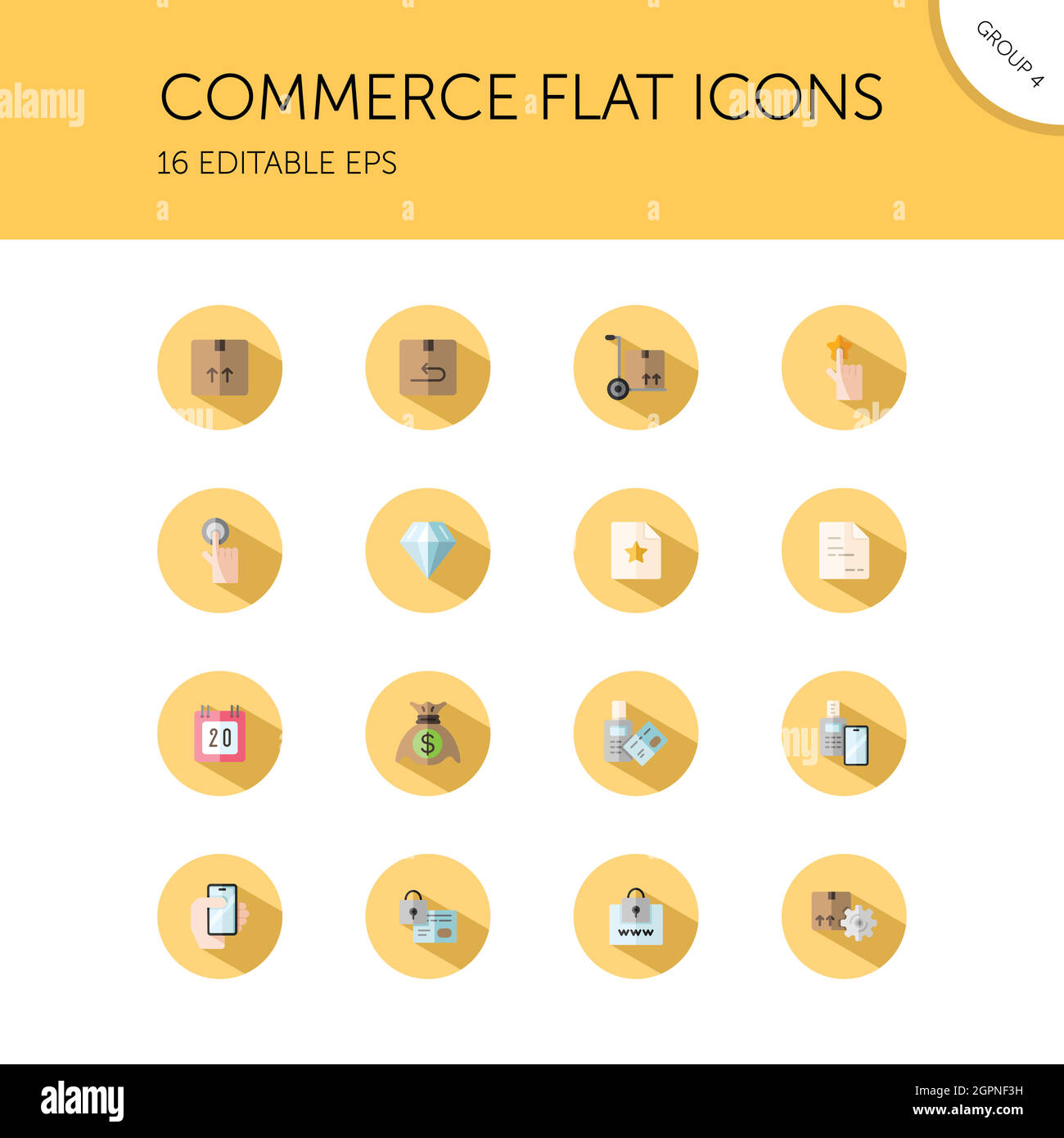 Commerce. Box, diamond, hand, swiping machine, security, money and calendar group. Isolated icon set in a circle. Flat vector illustration Stock Vector