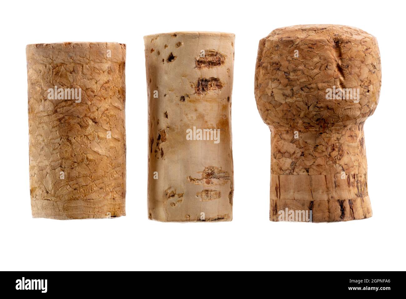 Wine corks Isolated on white background. Close up of three different types of corks in a row Stock Photo