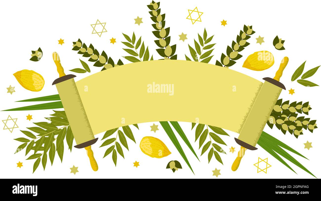 Sukkot, Simchat Torah. Concept of Judaic holiday. Traditional symbols