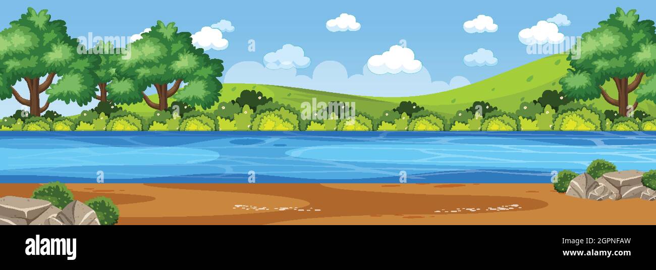 Panorama landscape scene with river through the park illustration Stock ...