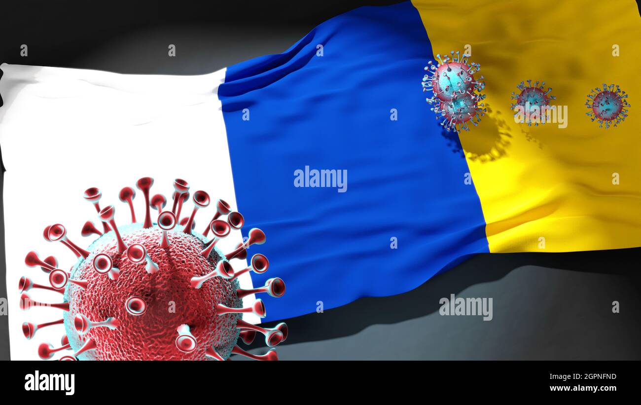 Covid in Doetinchem - coronavirus attacking a city flag of Doetinchem as a symbol of a fight and struggle with the virus pandemic in this city, 3d ill Stock Photo