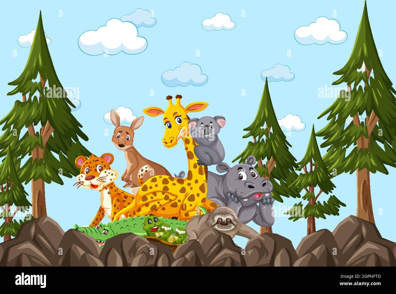 Wild animals group in the forest scene illustration Stock Vector Image ...