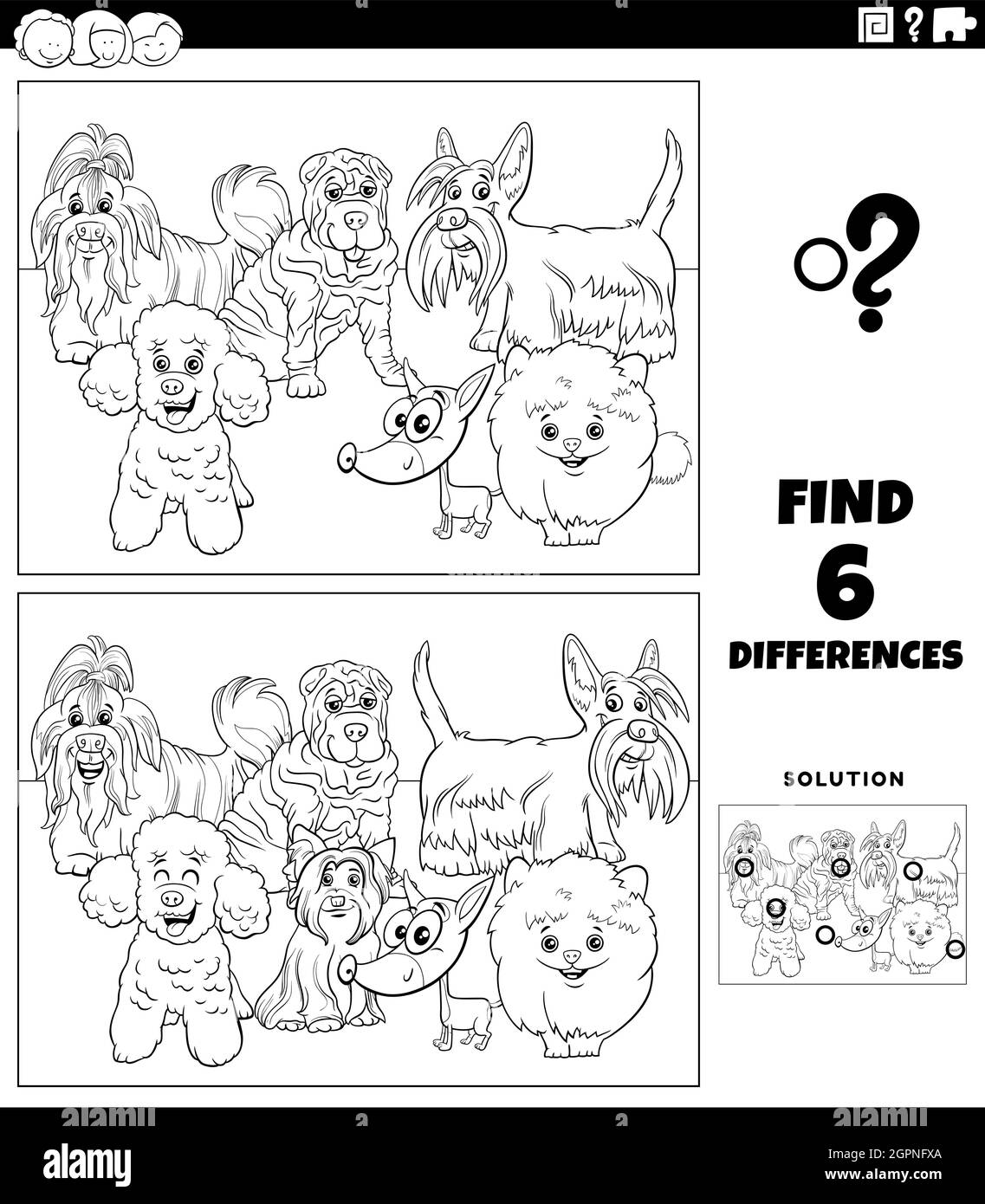 differences game with cartoon purebred dogs color book page Stock ...