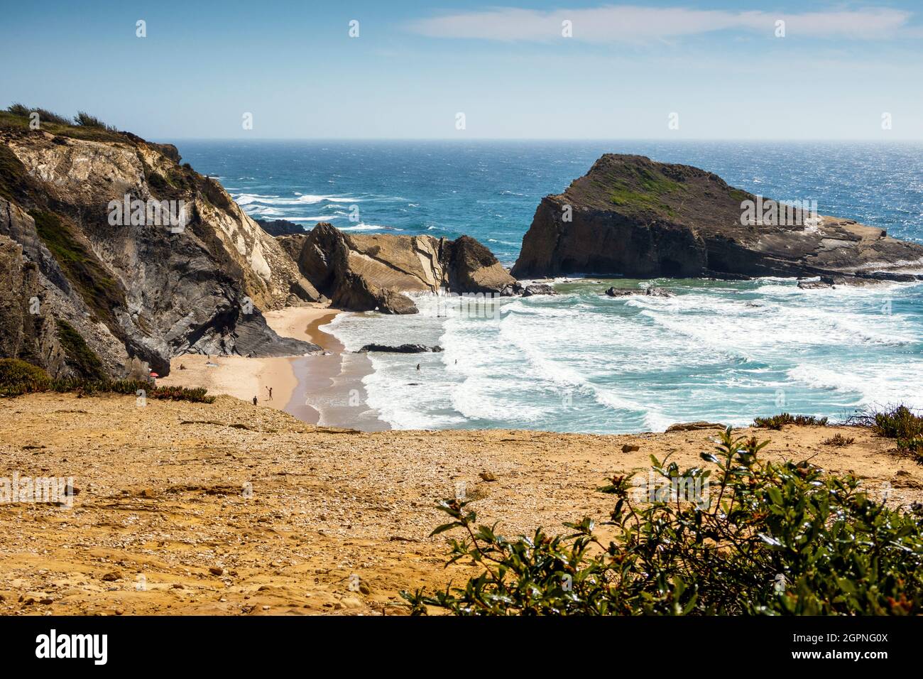 Beautiful Alteirinhos Beach and rock formation next to Zambujeira do Mar, Alentejo, Portugal Stock Photo
