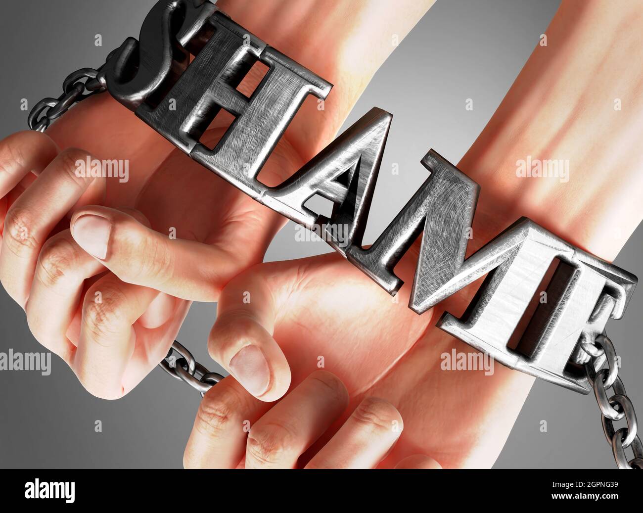 Social impact and influence of shame - analogy showing human hands in chains with a word shame as a symbol of its burden and misery it bring to human Stock Photo