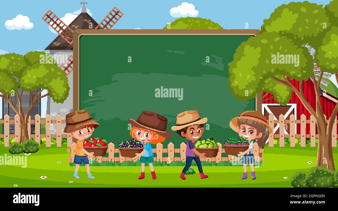 Empty blackboard with farmer kids at the farm scene illustration Stock ...