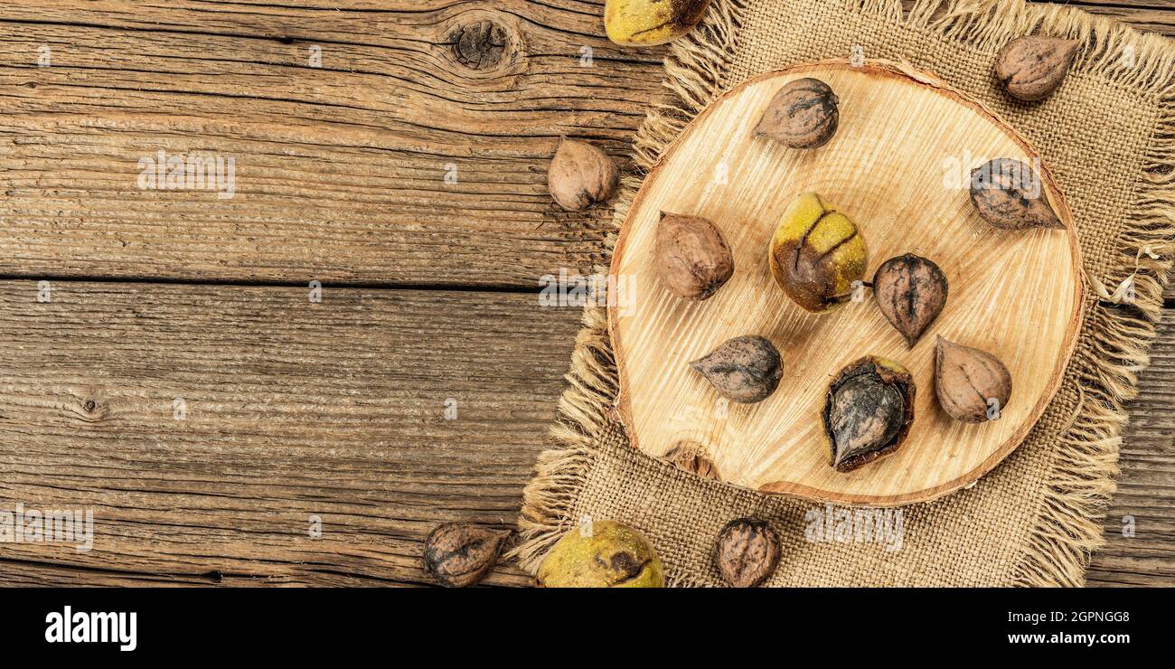 Ripe Juglans cordiformis Maxim or heart-shaped walnut. Young green and unpeeled whole nuts on a stand. Vintage wooden boards background, banner format Stock Photo