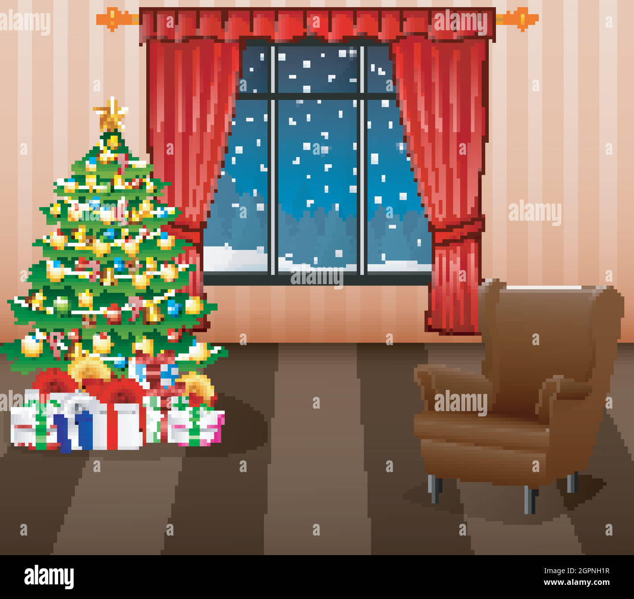 Christmas living room interior with xmas tree, presents and sofa Stock