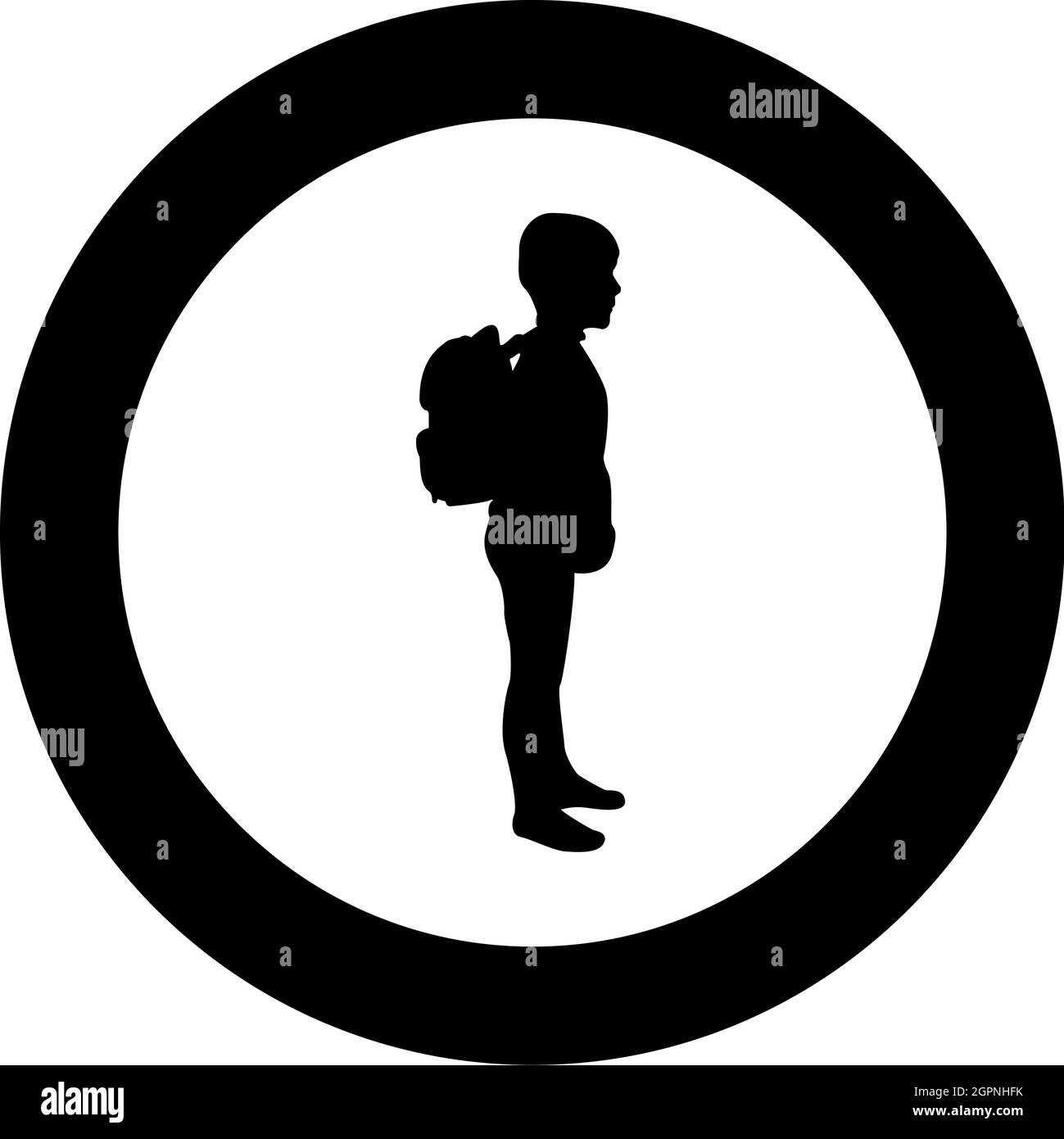 Schoolboy with backpack Pupil stand carrying on back Going to school concept Come back to school idea education Preschooler rucksack first September start lessons knapsack Side view silhouette in circle round black color vector illustration solid outline Stock Vector